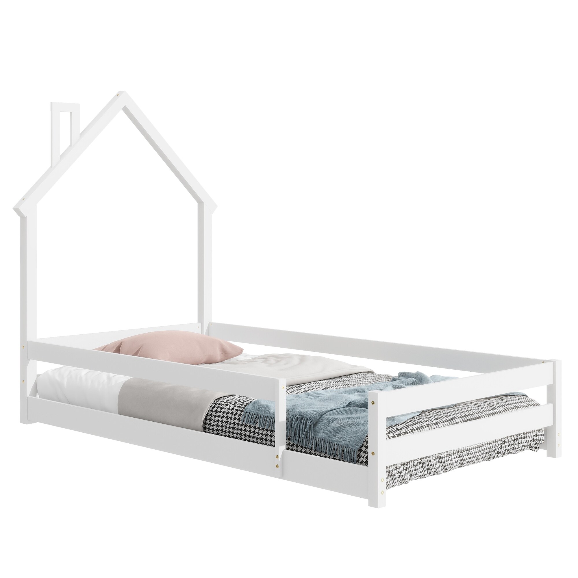 Twin Size Wood bed with House shaped Headboard Floor bed with Fences,White
