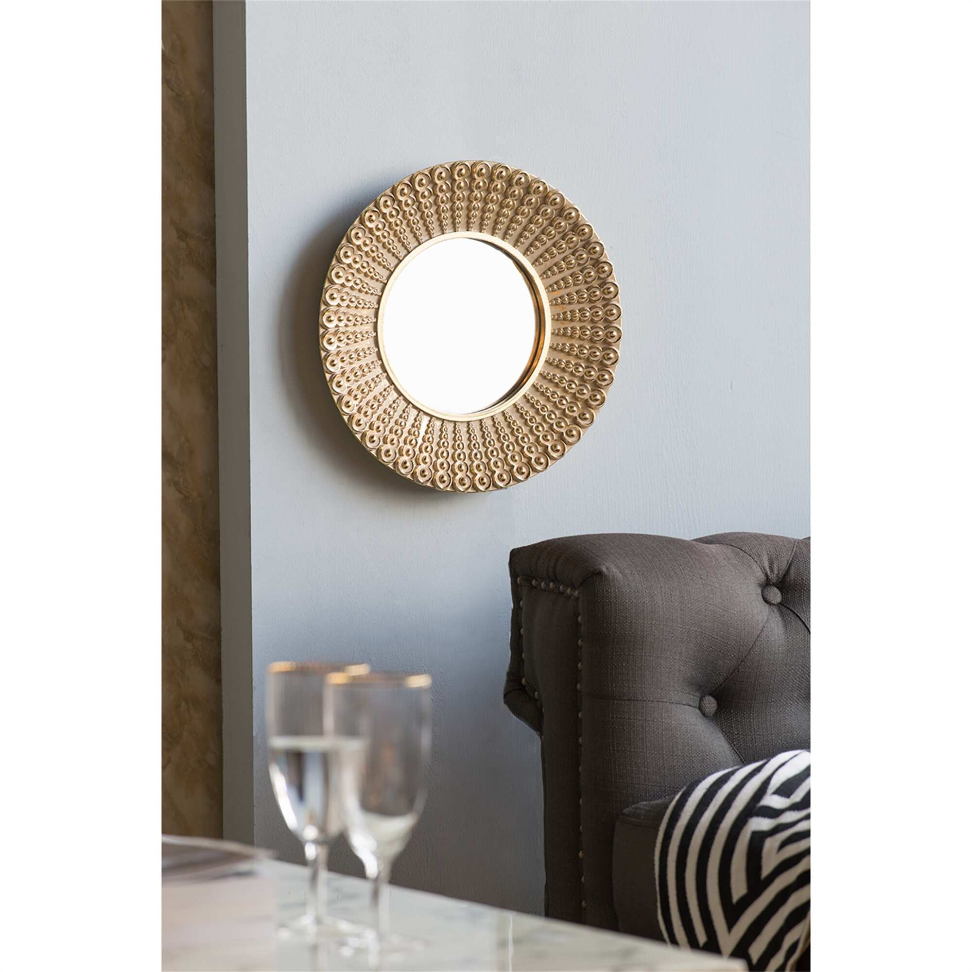 18" transitional Beaded Sunburst Mirror, Round Accent Wall Mirror - Gold