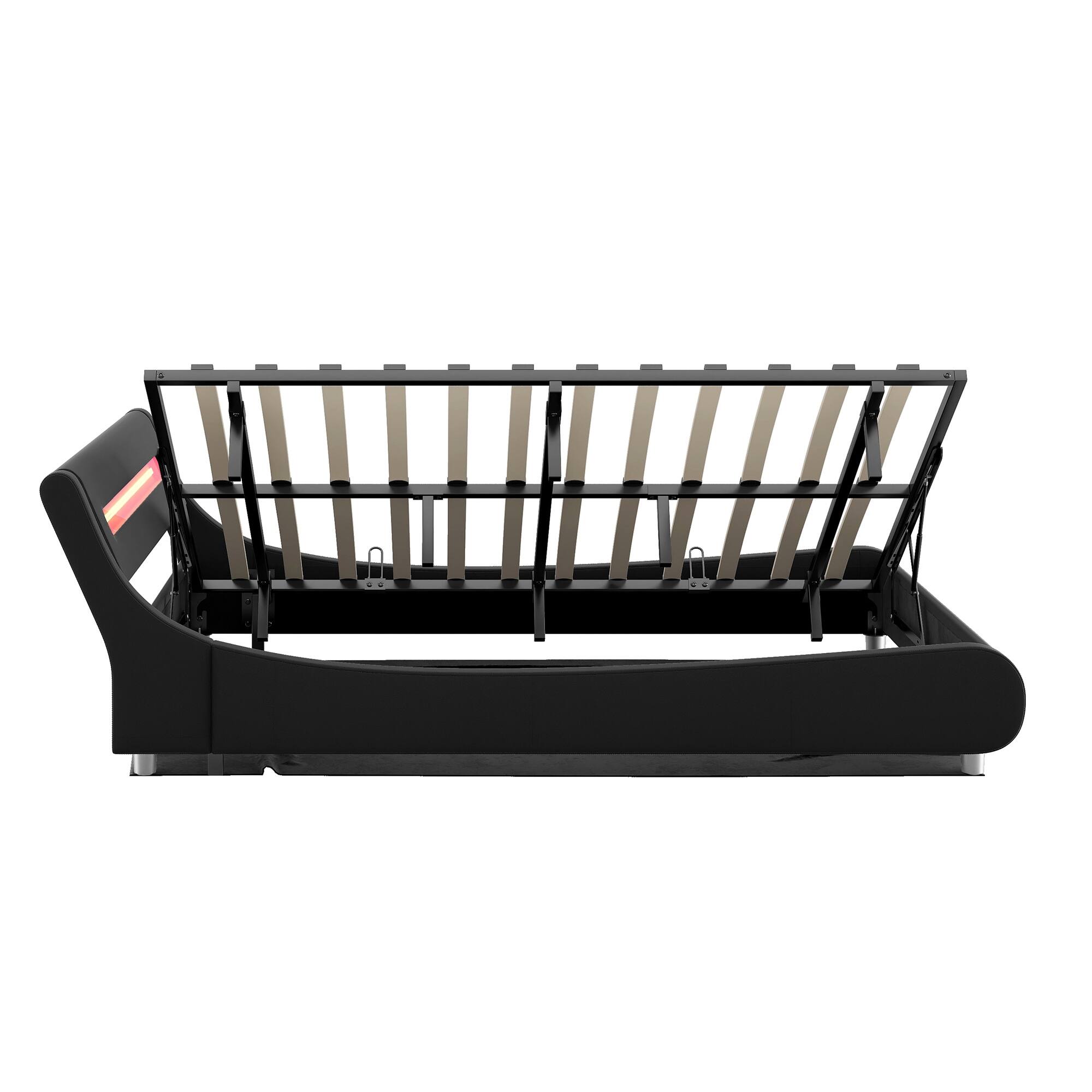 Upholstered Platform Bed with Storage & LED Lights Headboard Low Profile Lift Up Storage Beds, Side Lifting