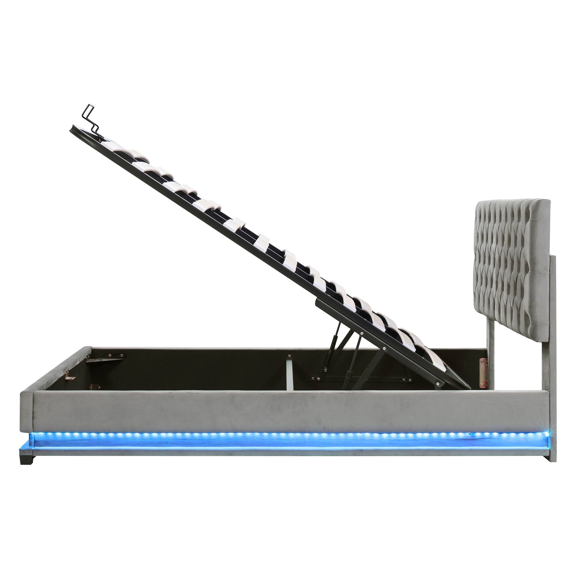 Queen Storage Upholstered Platform Bed w/Adjustable Headboard & LED