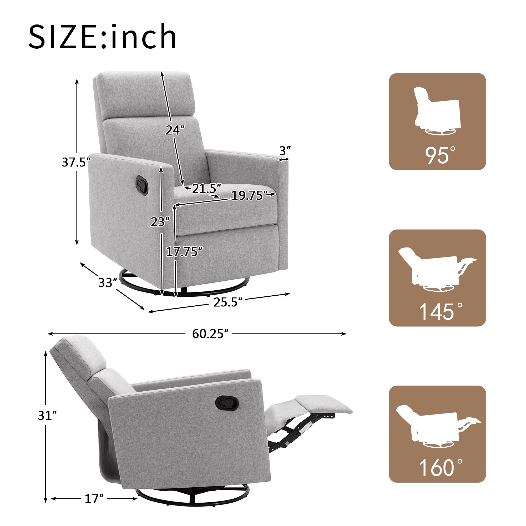 Modern Upholstered Glider Swivel Recliner Chair, Linen Upholstered Rocker Nursery Chair, Home Theater Power Reclining Chair