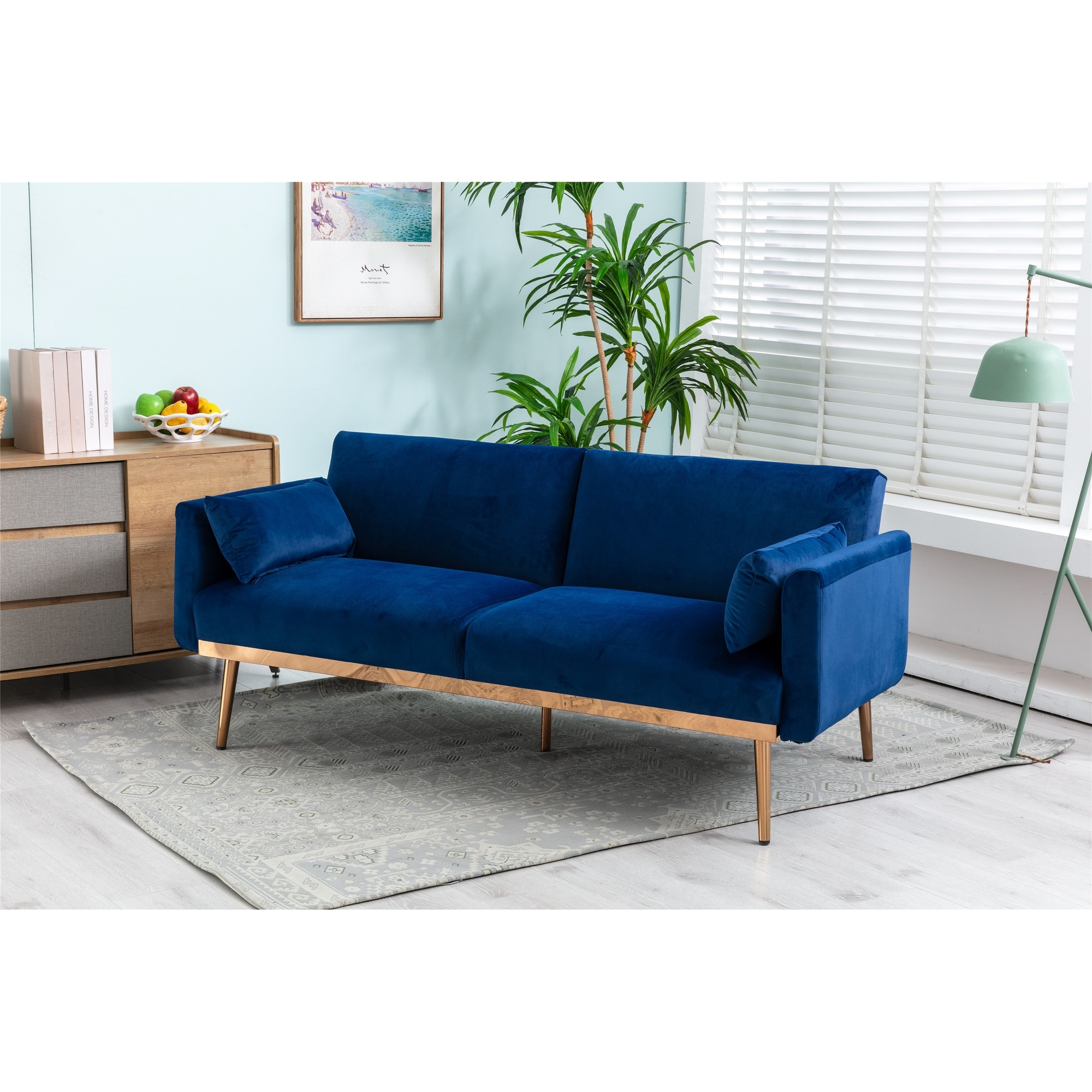 Modern Velvet Fabric Loveseat Sofa, 2 Seater Adjustable Backrest Sofa Couch with Metal Feet & Pillows, for Living Room, Bedroom