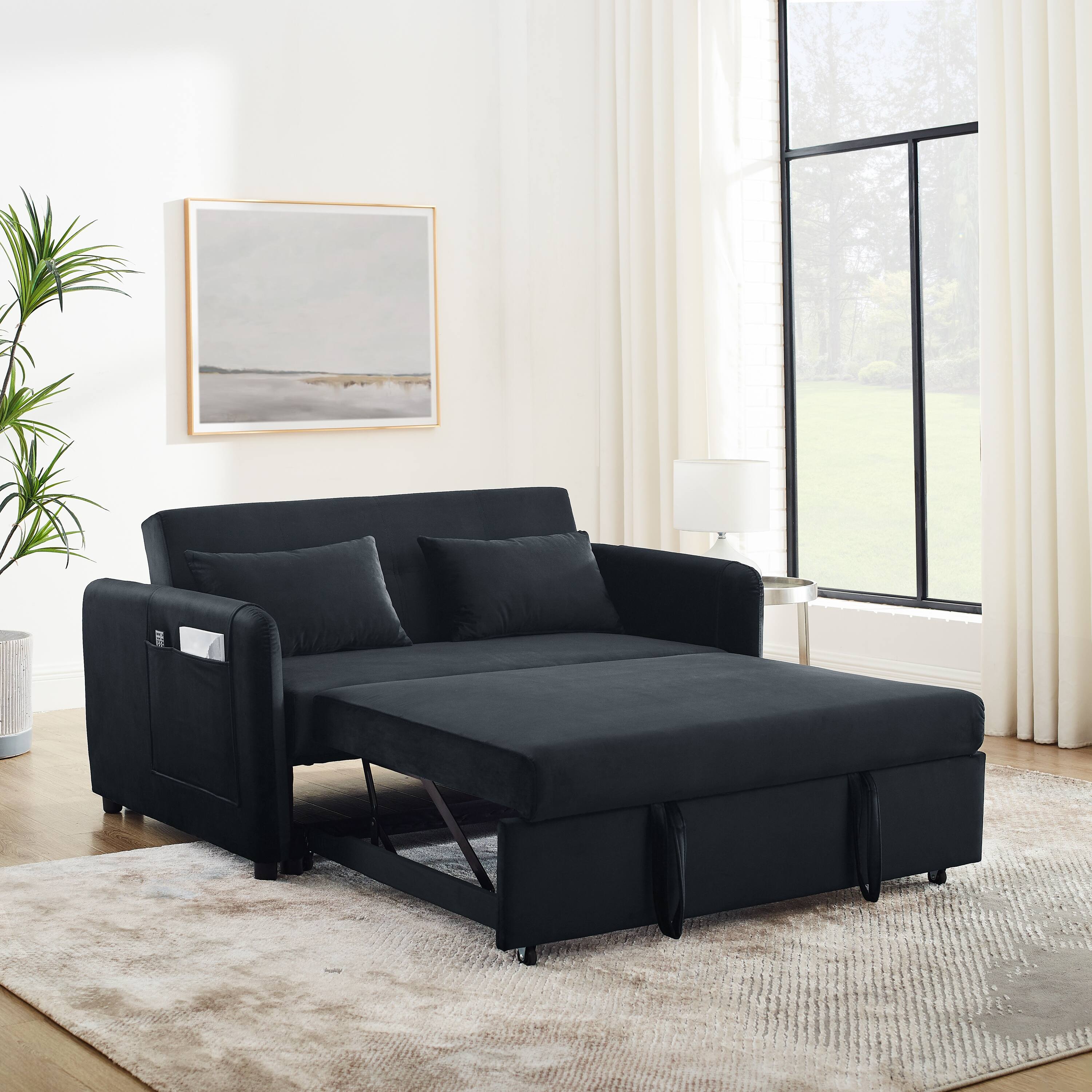 Convertible Sofa Bed, 3-in-1 Multi-Functional Velvet Sleeper Couch Pull-Out Bed, Loveseat Bed w/Adjustable Backrest & Pillows