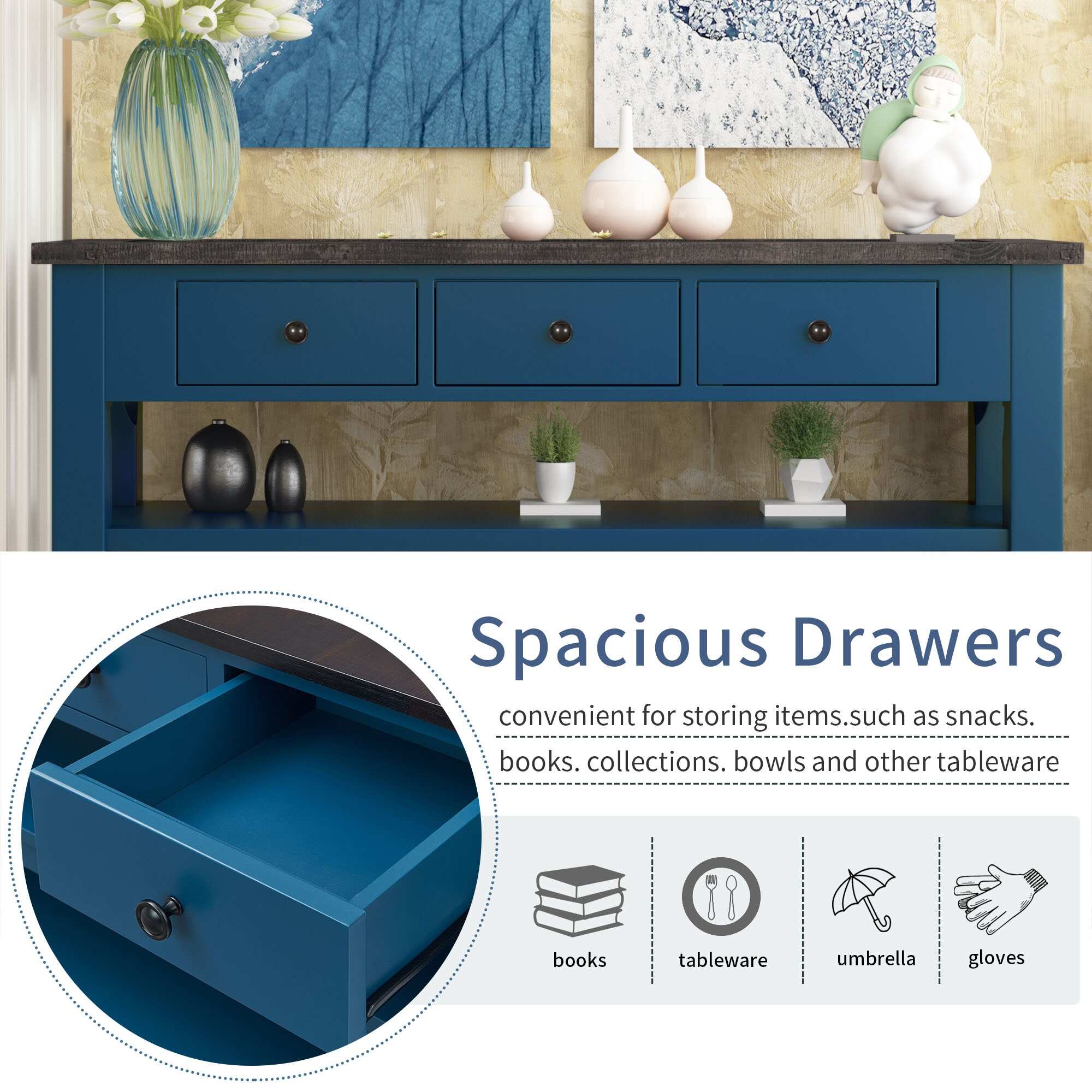 Blue Console Table Sofa Table Entryway Table with 3 Drawers and Shelve