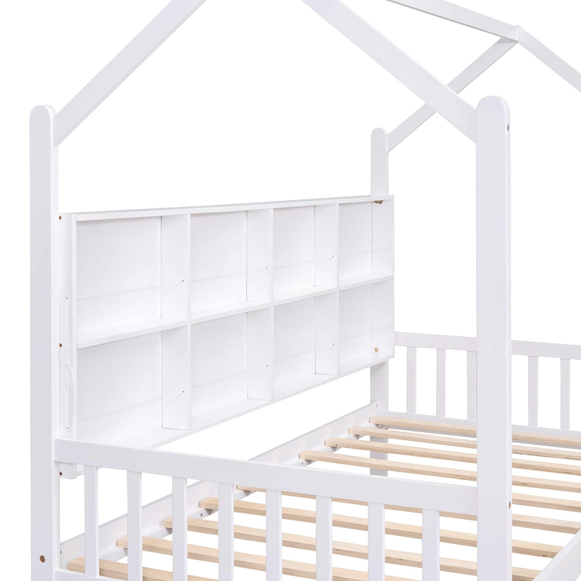 Modern Wooden Twin Size House Bed with 2 Storage Drawers, Kids Bed with Storage Shelf & Roof for Kids, Teens, Girls, Boys