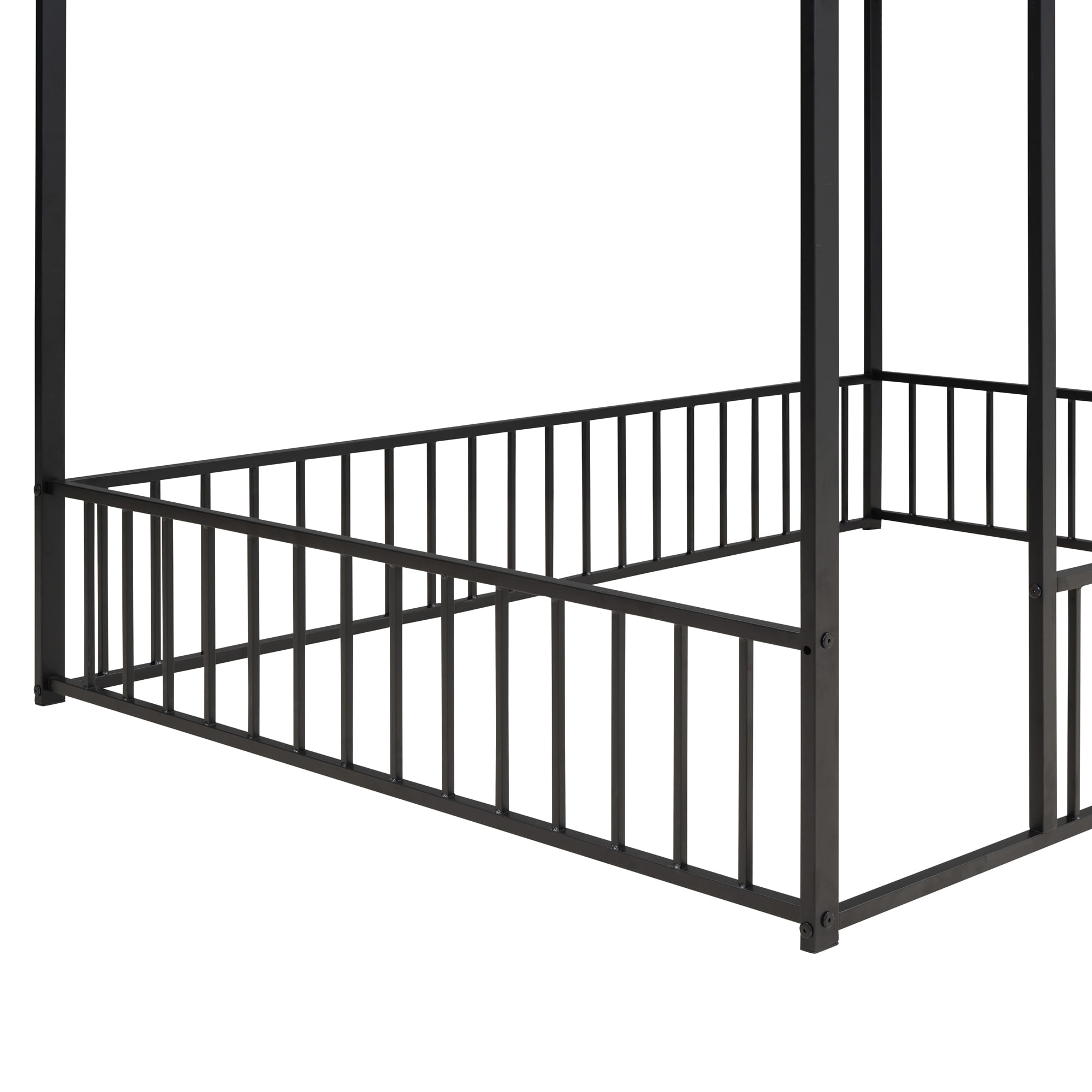 Modern Full Size Metal Bed House Bed Frame, No Limit Weight Capacity with Roof & Safety Guard Fence House Beds for Kids, Teens