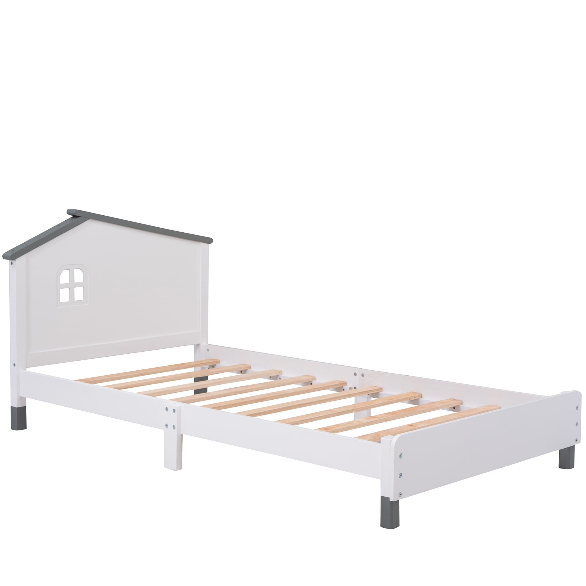 White-Twin Size Wood Platform Bed with House-shaped Headboard