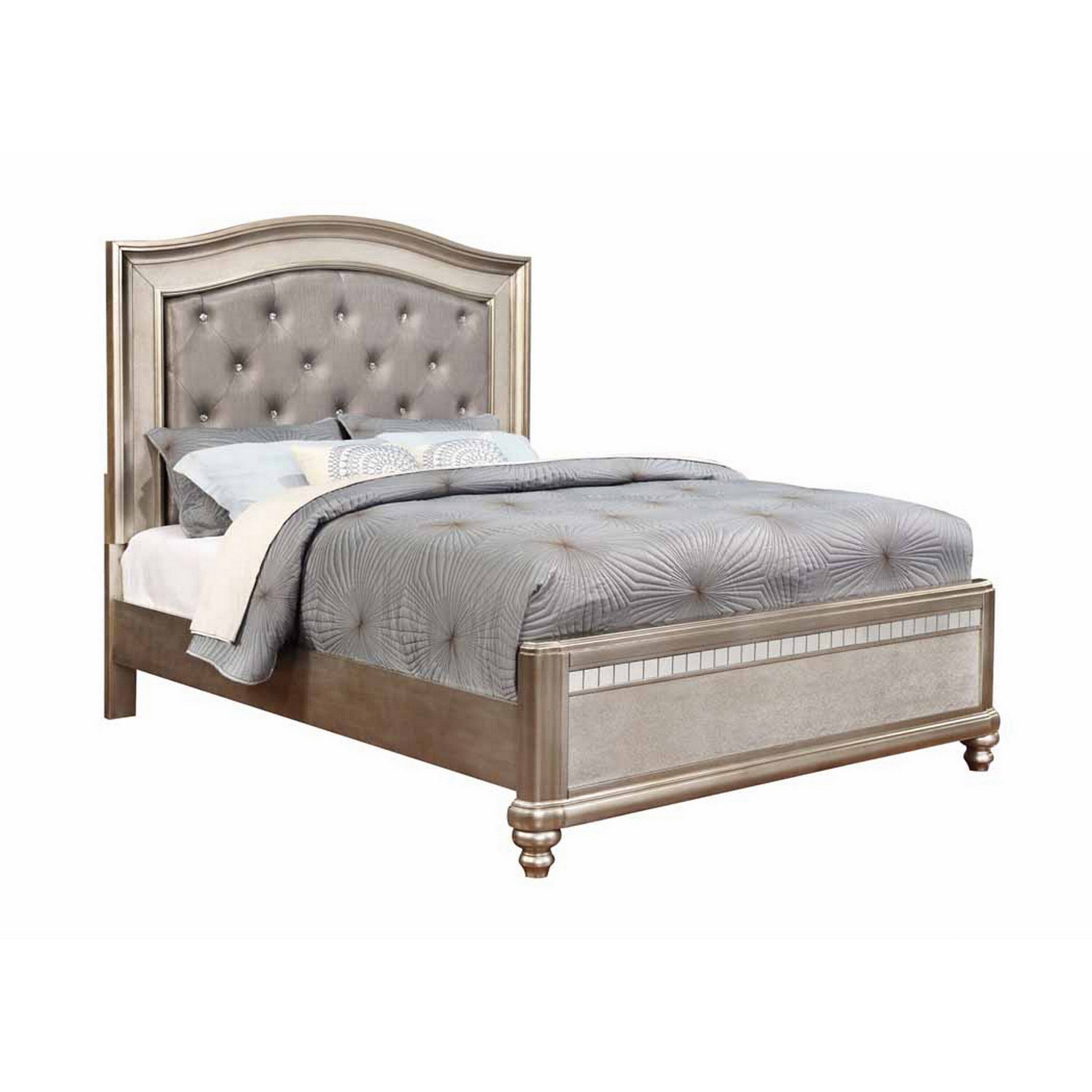Deco Tufted Queen Bed in Metallic Finish, Mirrored Trim, Muted Gold, Silver