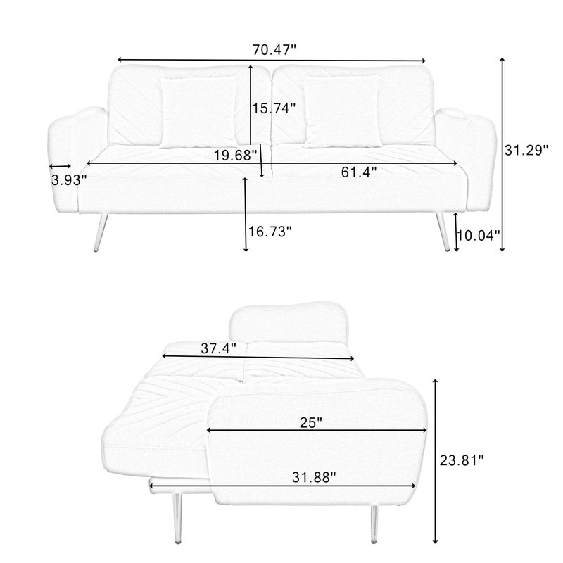 Fabric Futon Sofa Bed Double Sofa with Split Backrest and Two Pillows