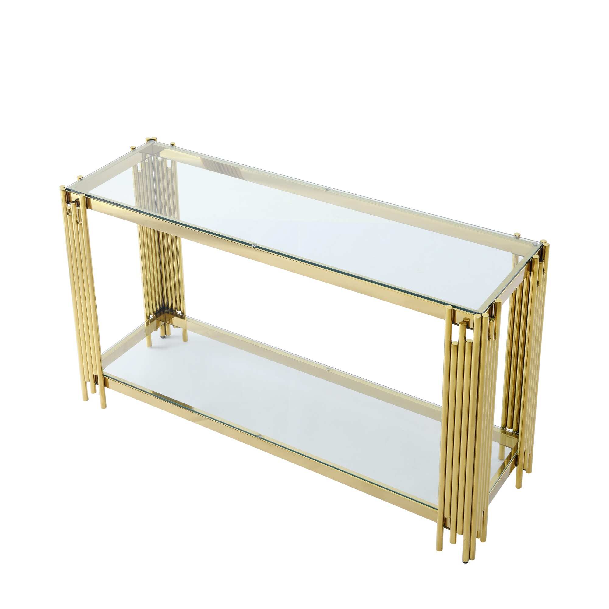 Modern Glass Console Table, 55" Gold Sofa Table with Metal Frame and Clear Tempered Glass Top