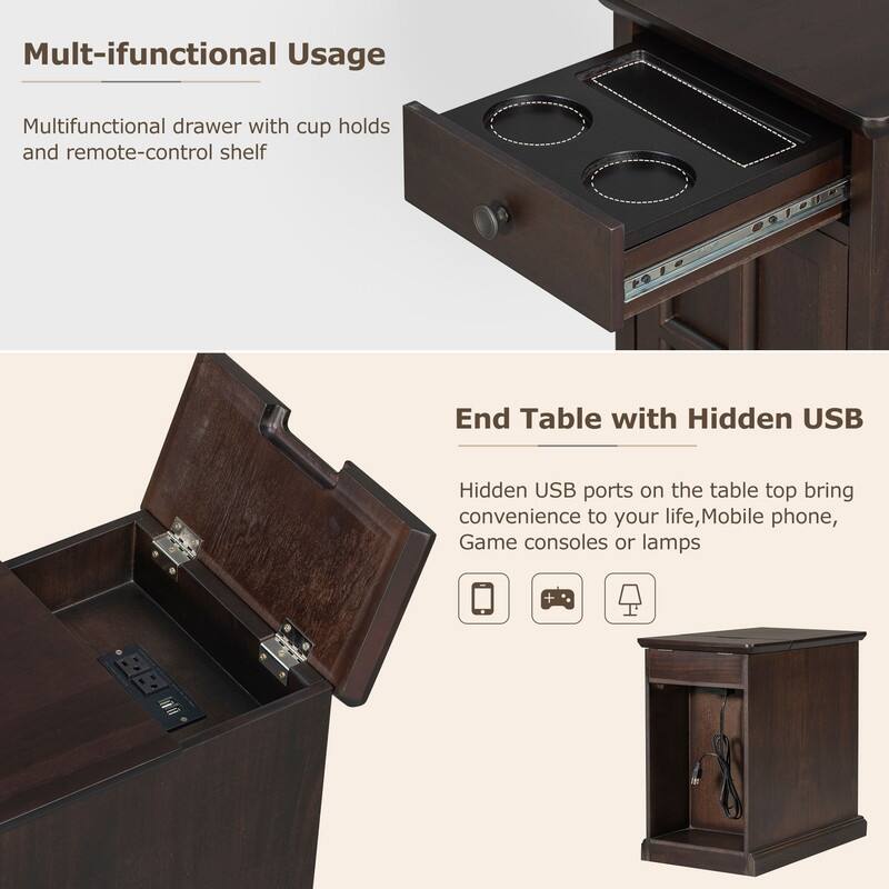 Classic Multifunctional Drawer Side Table with USB Ports and Cup Holders for Living Room
