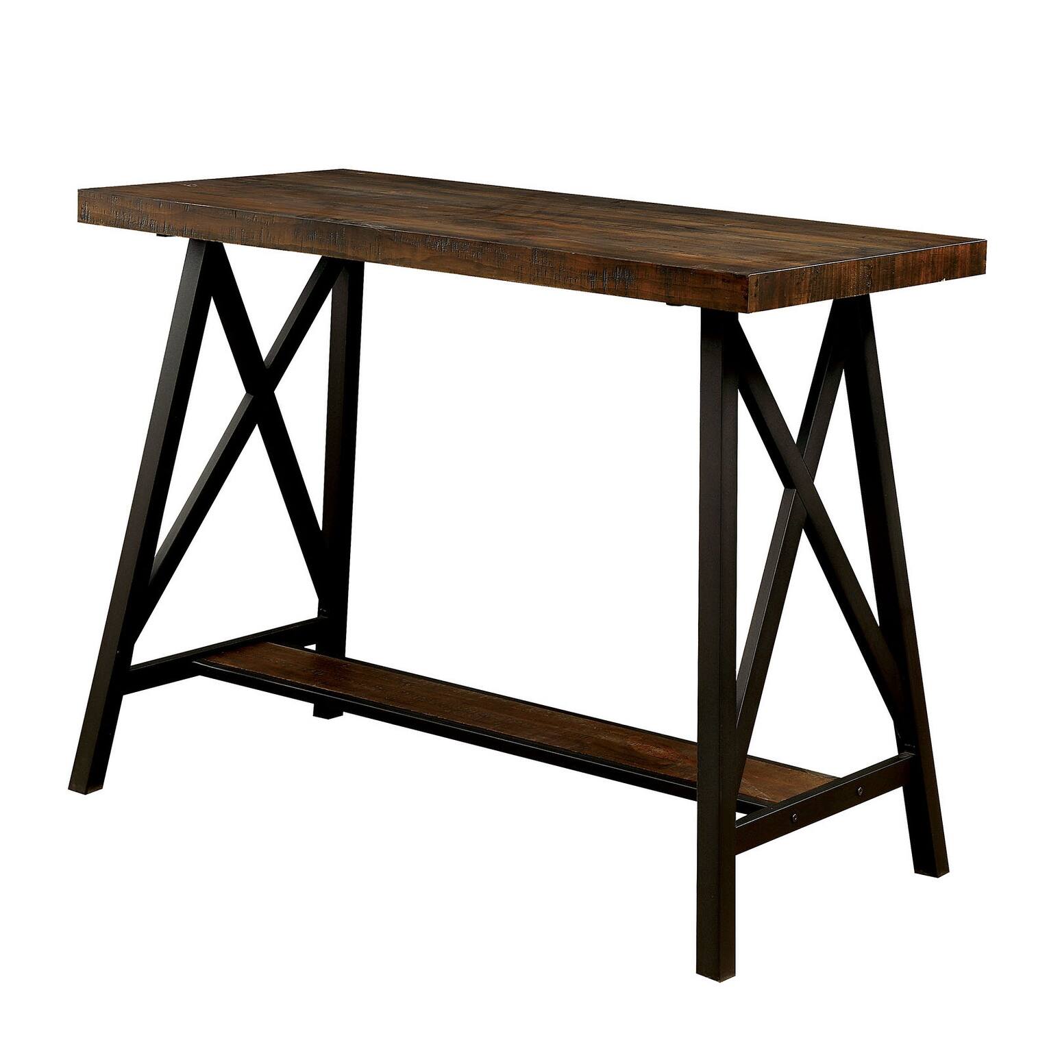 Wooden Counter Height Table With Angled Metal Legs, Black And Brown - 36 H x 23.63 W x 47.25 L Inches