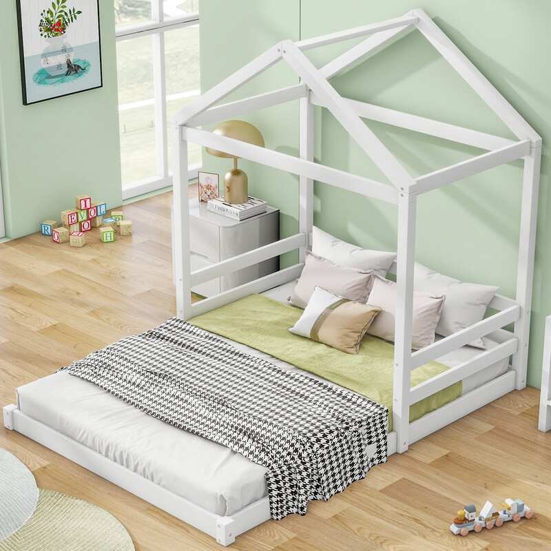 Wood Full Size House Bed with Guardrail and House-shaped Frame