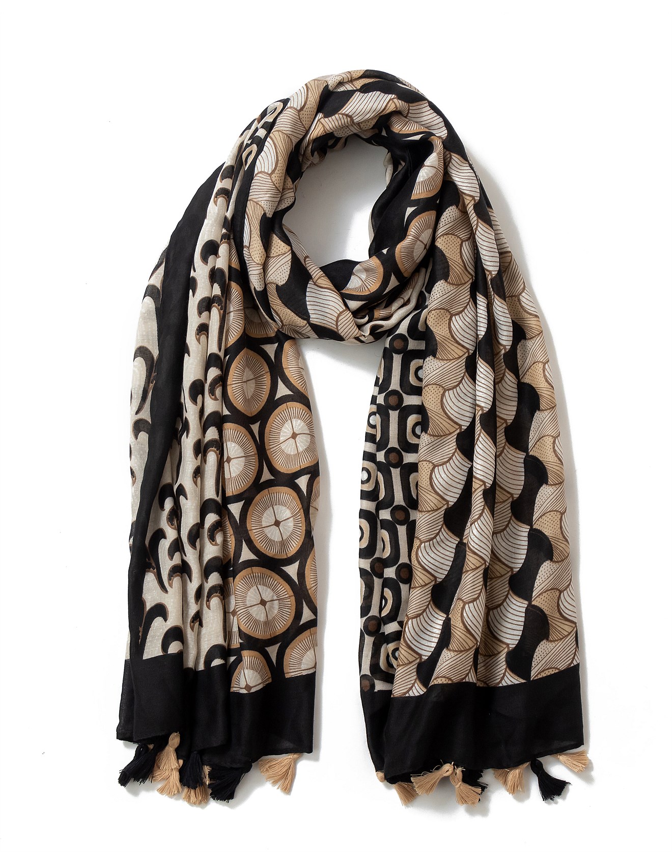 Gregory Ladner GEOMETRIC PRINT SCARF WITH TASSLES