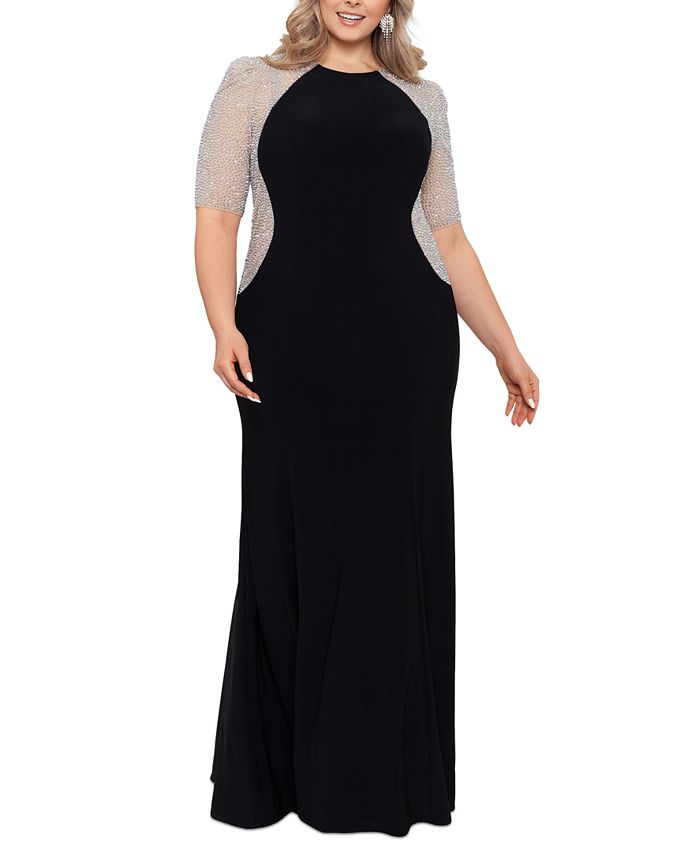 XSCAPE Plus Size Mixed-Media Rhinestone-Embellished Gown