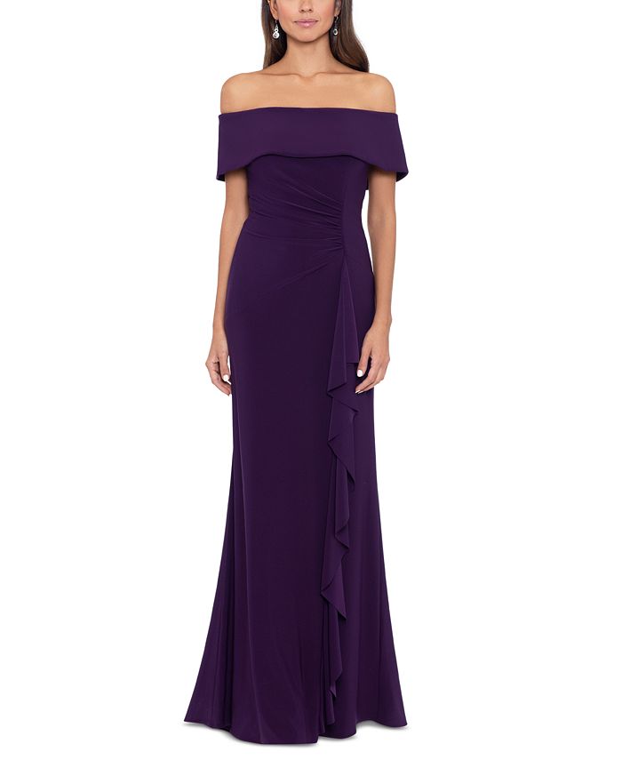 XSCAPE Women's Off-The-Shoulder Side-Ruched Ruffled Gown