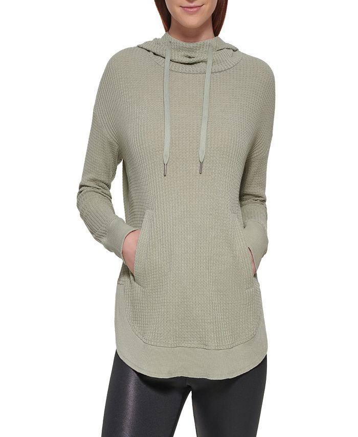 Andrew Marc Sport Women's Light Weight Waffle Pullover with Attached Hoodie Top