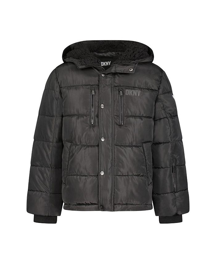 DKNY Boy's Heavyweight Colorblock Warm Winter Logo Puffer Coat, Kids