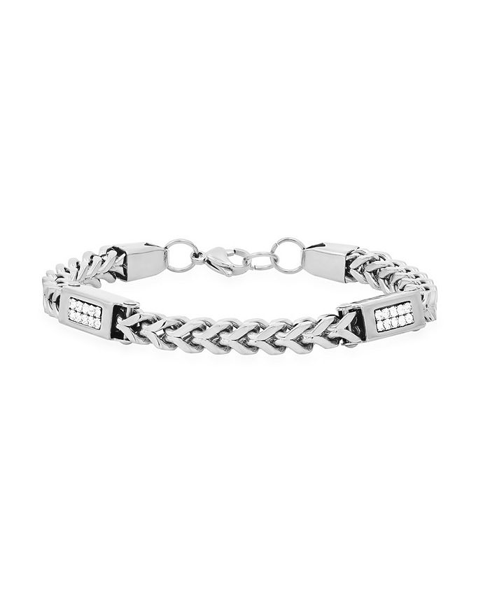 STEELTIME Men's Stainless Steel Wheat Chain and Simulated Diamonds Link Bracelet