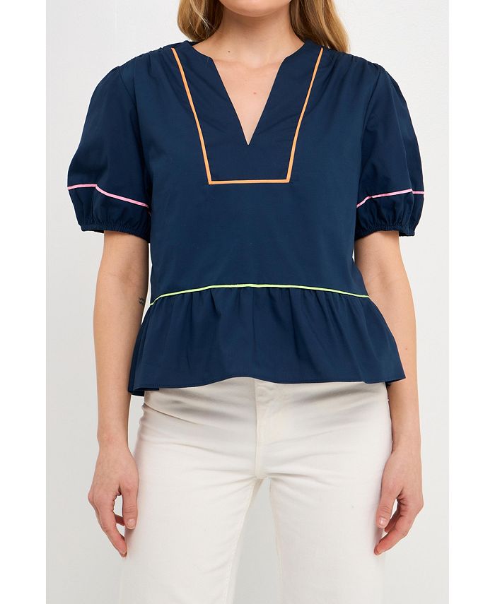 English Factory Women's Piping Detail Top with Short Puff Sleeves