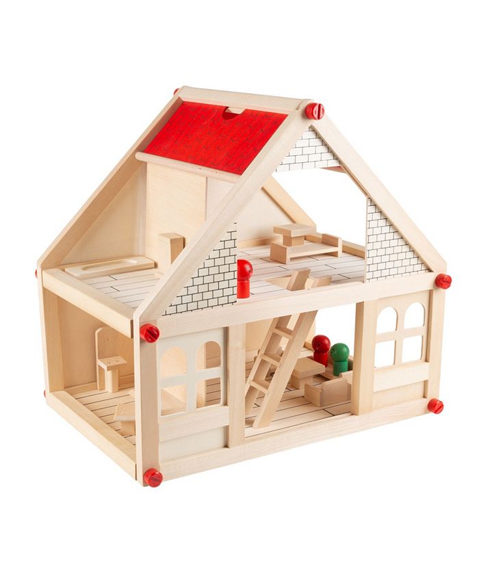 Trademark Global Hey Play Dollhouse For Kids - Classic Pretend Play 2 Story Wood Playset With Furniture Accessories And Dolls