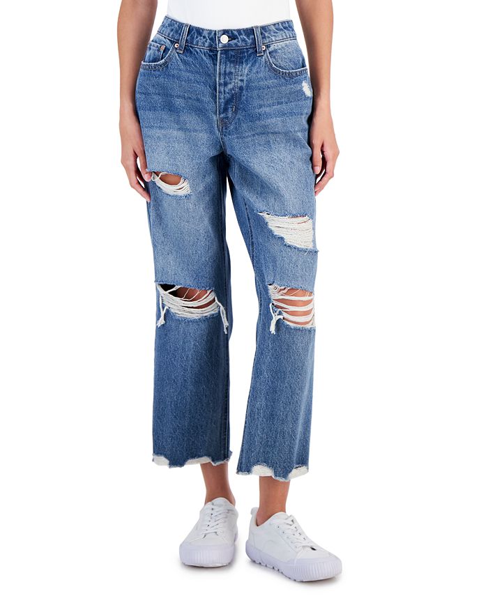 Vanilla Star Juniors' Destructed Cotton Straight-Leg Denim Jeans