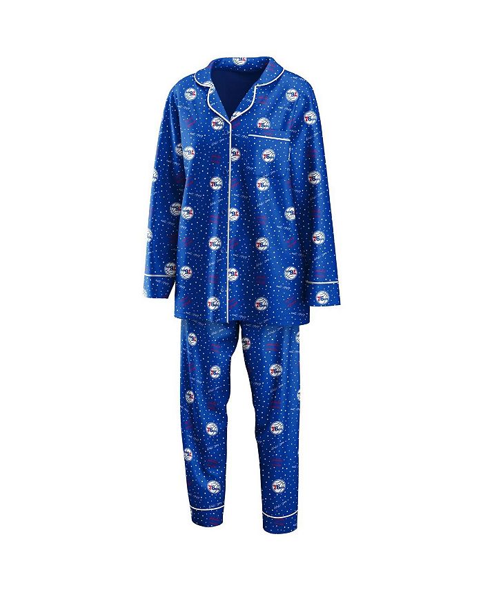 WEAR by Erin Andrews Women's Royal Philadelphia 76ers Long Sleeve Button-Up Shirt Pants Sleep Set