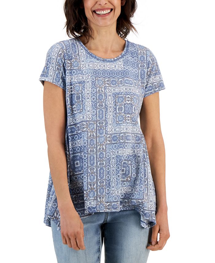 Style & Co Women's Printed Handkerchief-Hem T-Shirt