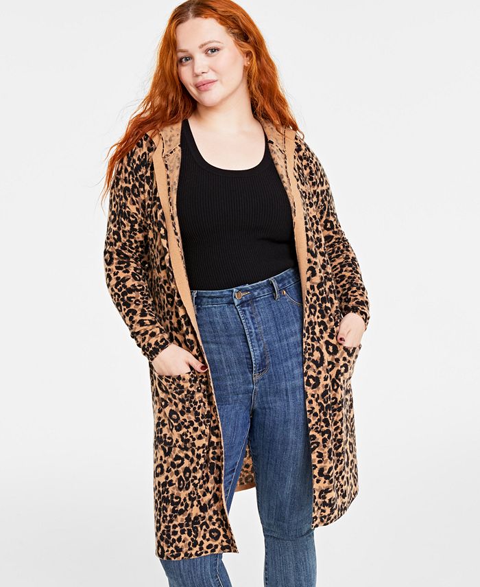 Charter Club Plus Size Cheetah-Print Hooded Open 100% Cashmere Cardigan