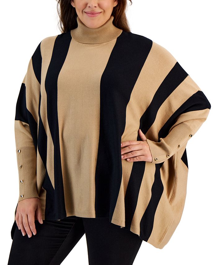 JM Collection Plus Size Striped Turtleneck Poncho Sweater
