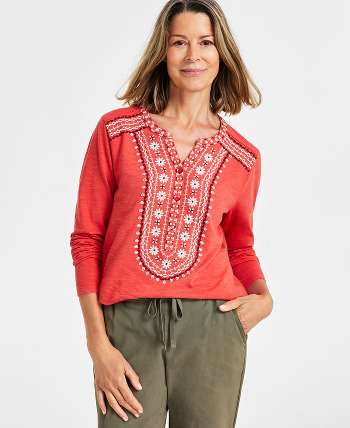 Style & Co Women's Embroidered Henley Knit Top