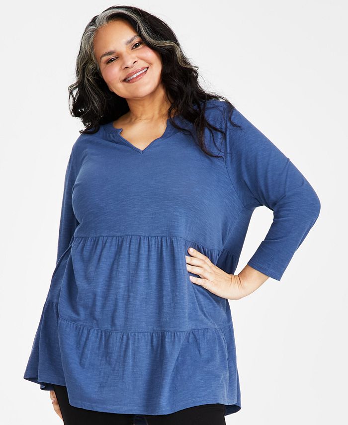 Style & Co Plus Size Cotton Split-Neck Tiered Tunic