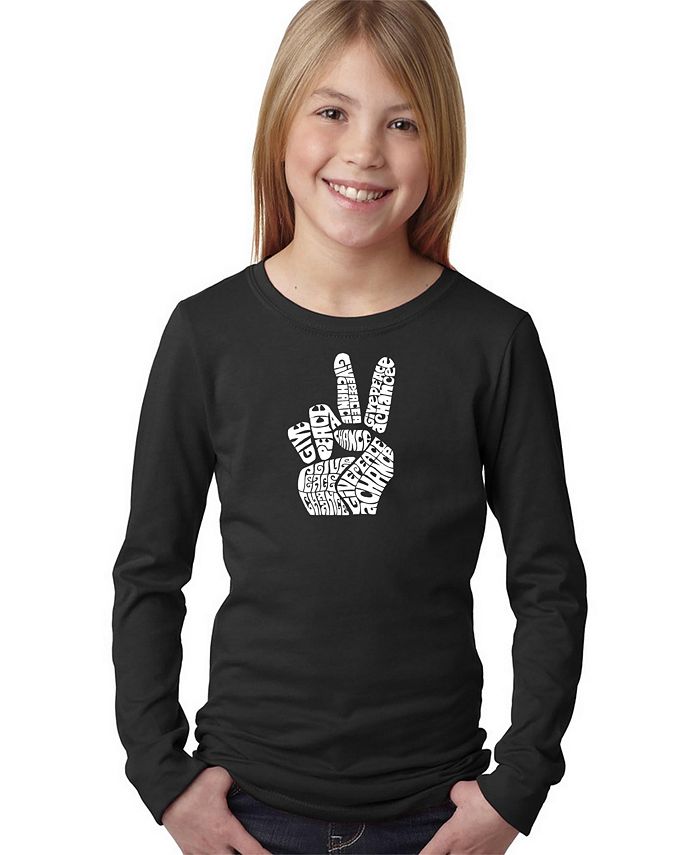 LA Pop Art Big Girl's Word Art Long Sleeve T-Shirt - PEACE FINGERS