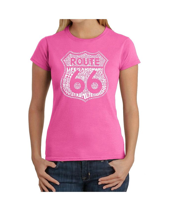 LA Pop Art Women's T-Shirt with Route 66 Life Is A Highway Word Art