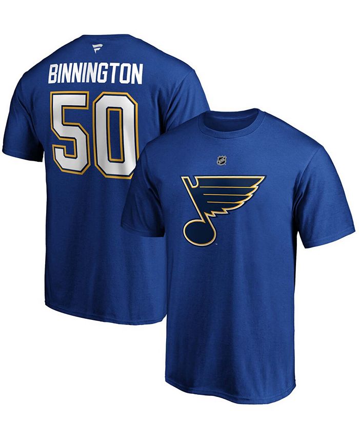 Majestic Fanatics Branded Men's Jordan Binnington Blue St. Louis Blues Team Authentic Stack Name & Number T-Shirt