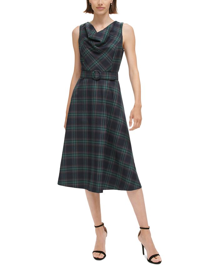 Vince Camuto Women's Plaid Cowl-Neck Fit & Flare Dress