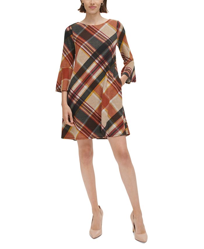 Jessica Howard Petite Plaid Bell-Sleeve A-Line Dress