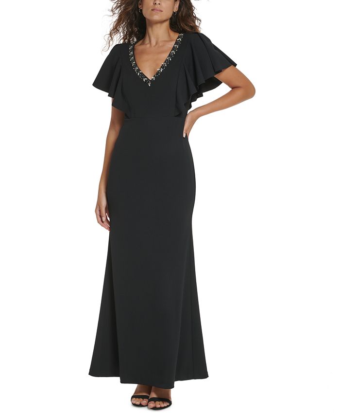 Vince Camuto Women's Beaded V-Neck Flutter-Sleeve Gown