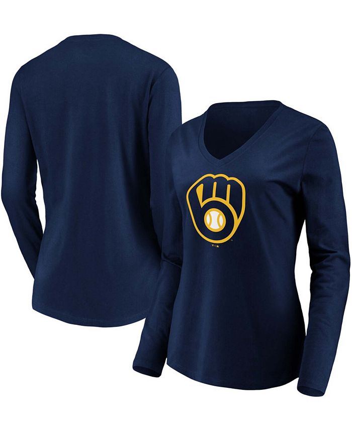 Fanatics Women's Navy Milwaukee Brewers Official Logo Long Sleeve V-Neck T-shirt