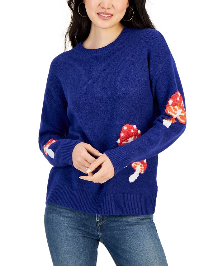 Hooked Up by IOT Juniors' Mushroom Printed Crewneck Sweater
