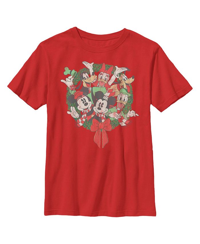 Disney Boy's Mickey & Friends Christmas Distressed Group Wreath Child T-Shirt