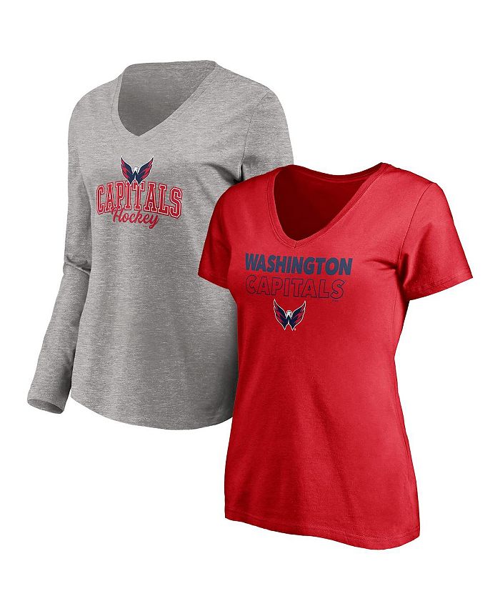 Fanatics Women's Branded Red, Heather Gray Washington Capitals Short Sleeve and Long Sleeve V-Neck T-shirt Combo Pack
