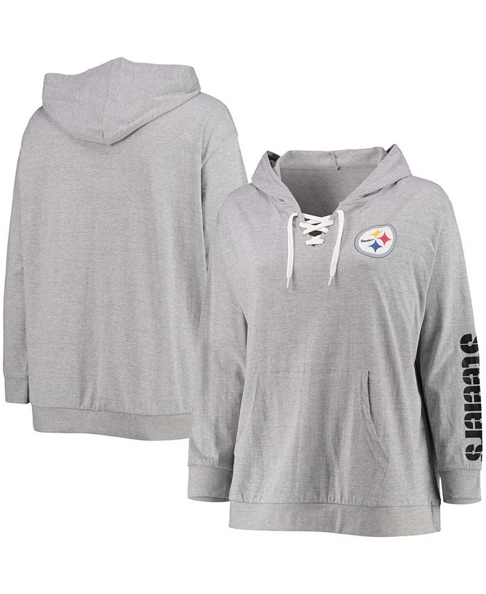 Fanatics Women's Plus Size Heathered Gray Pittsburgh Steelers Lace-Up Pullover Hoodie