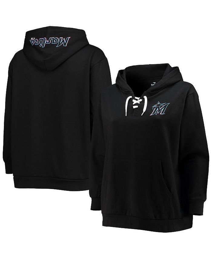 Profile Women's Black Miami Marlins Plus Size Lace-Up V-Neck Pullover Hoodie