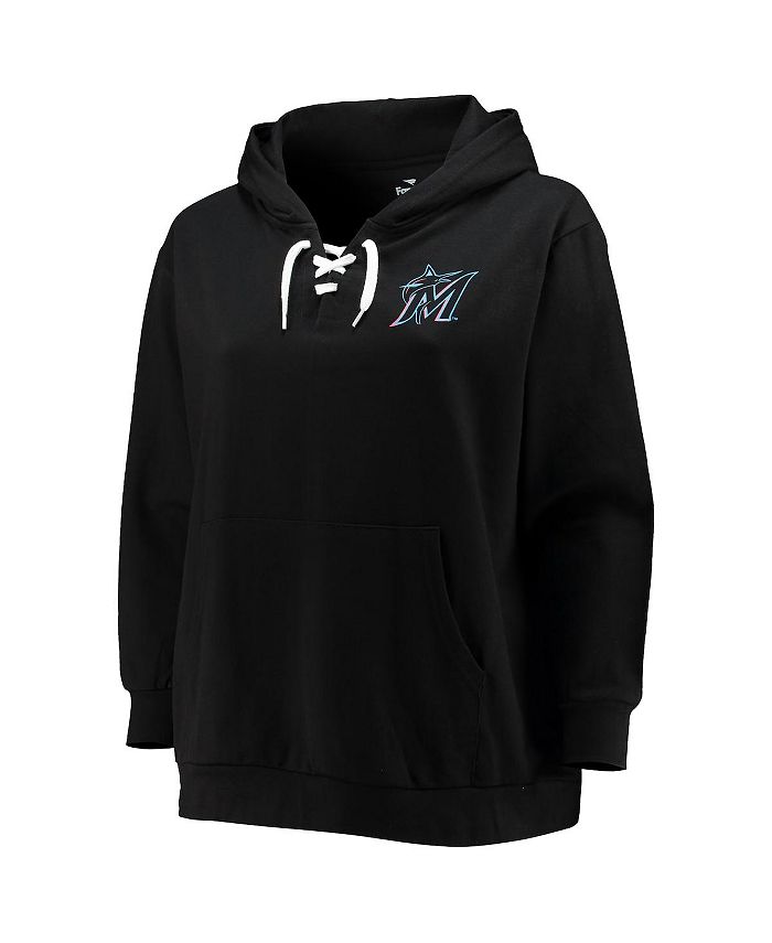 Profile Women's Black Miami Marlins Plus Size Lace-Up V-Neck Pullover Hoodie