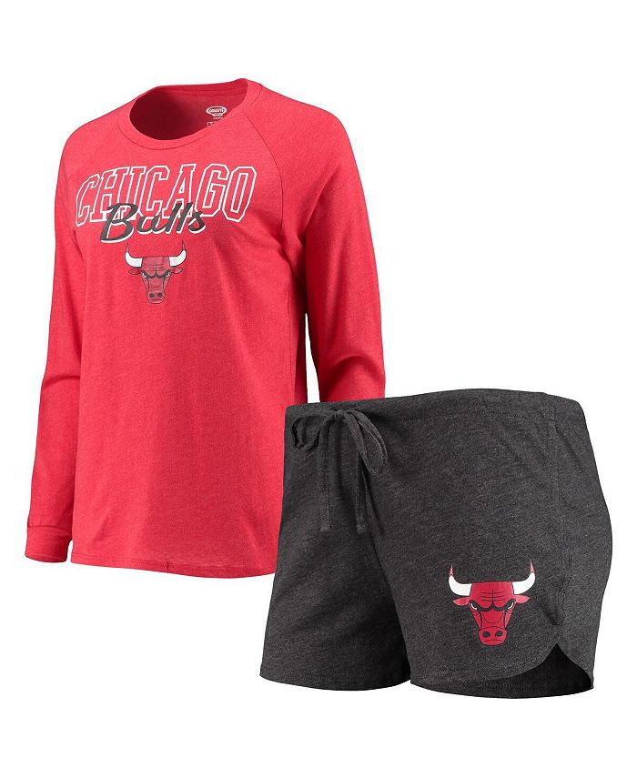 Concepts Sport Women's Heathered Black, Heathered Red Chicago Bulls Raglan Long Sleeve T-Shirt & Shorts Sleep Set