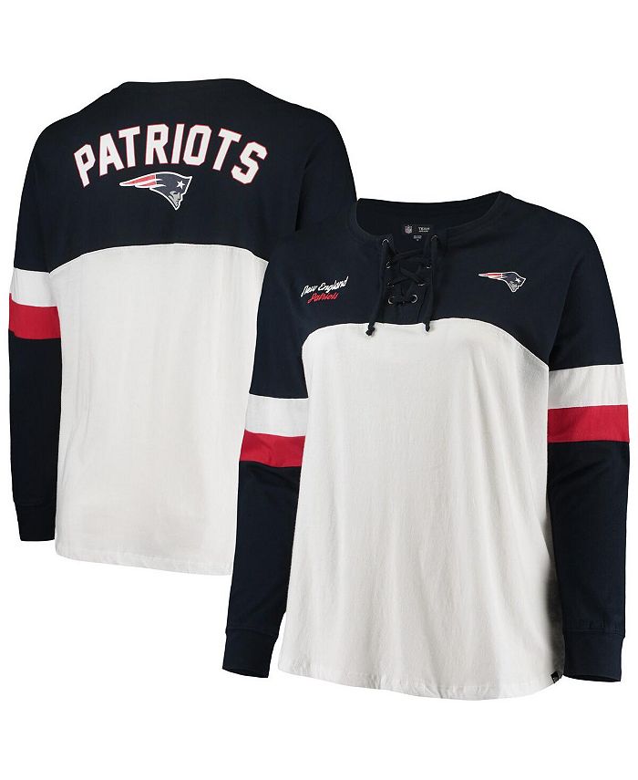 New Era Women's White, Navy New England Patriots Plus Size Athletic Varsity Lace-Up V-Neck Long Sleeve T-shirt