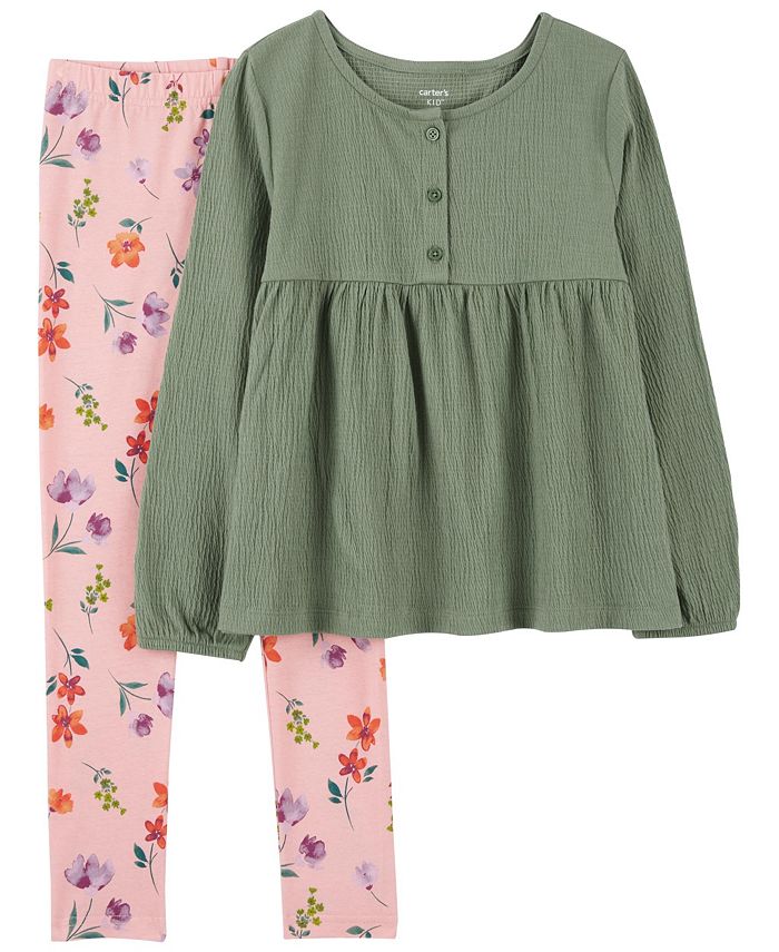 Carter's Little Girls Crinkle Top and Floral Leggings, 2 Piece Set