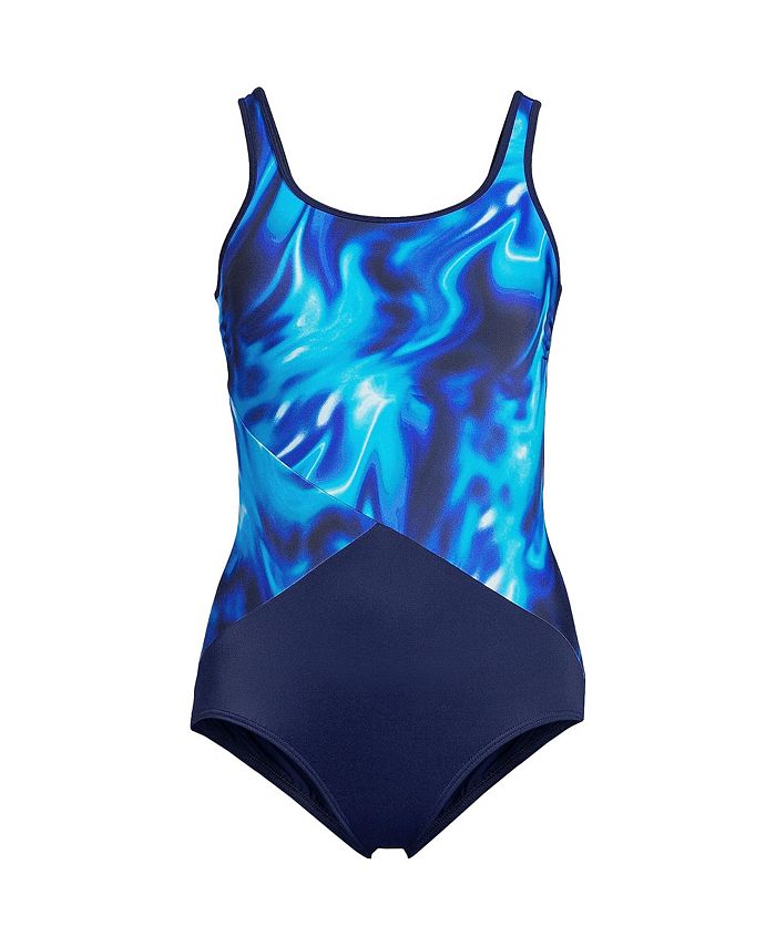 Lands' End Women's Petite Chlorine Resistant Scoop Neck Soft Cup Tugless Sporty One Piece Swimsuit Print
