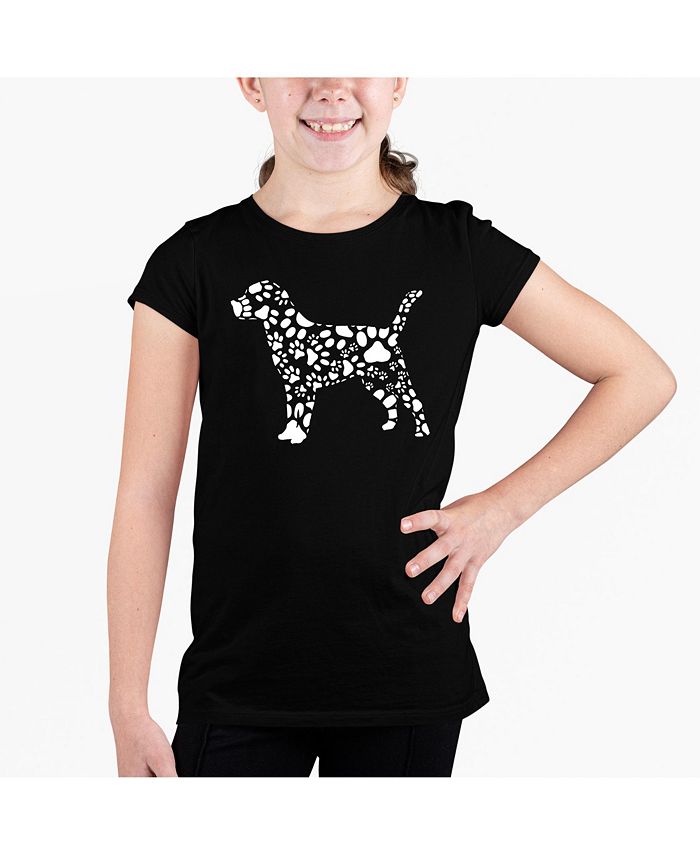 LA Pop Art Big Girl's Word Art T-shirt - Dog Paw Prints